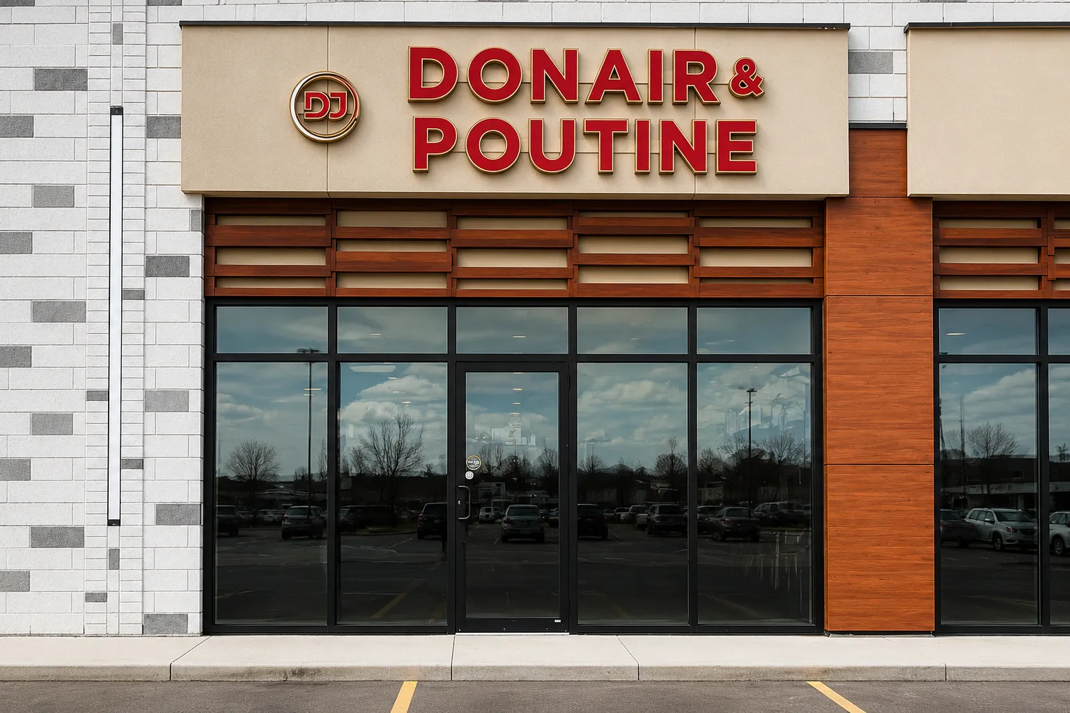 Casual dine-in seating and order counter inside DJ Donair & Poutine, a halal donair and poutine restaurant on Ellerslie Rd SW in south Edmonton
