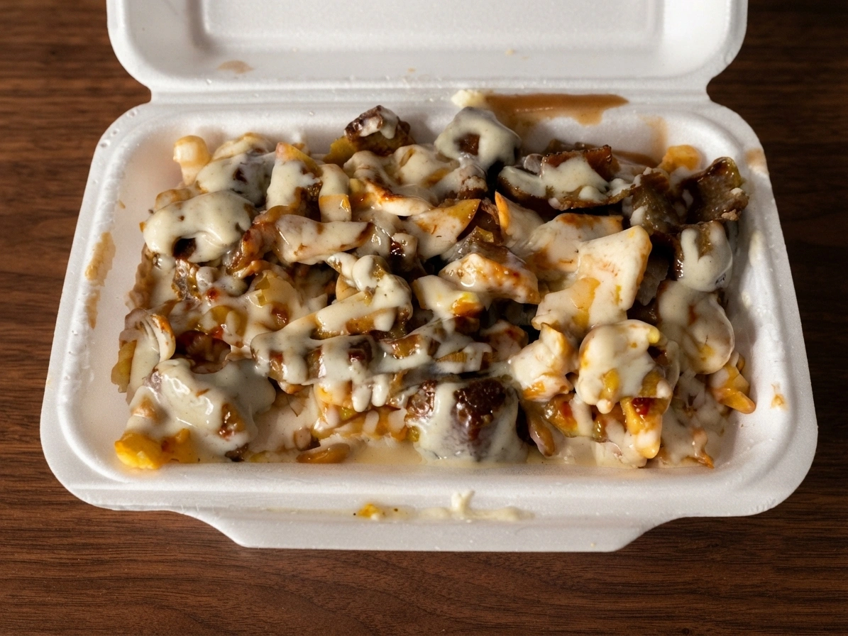 Crispy bites smothered in creamy garlic sauce and hot sauce with a side of fries at DJ Donair & Poutine in south Edmonton