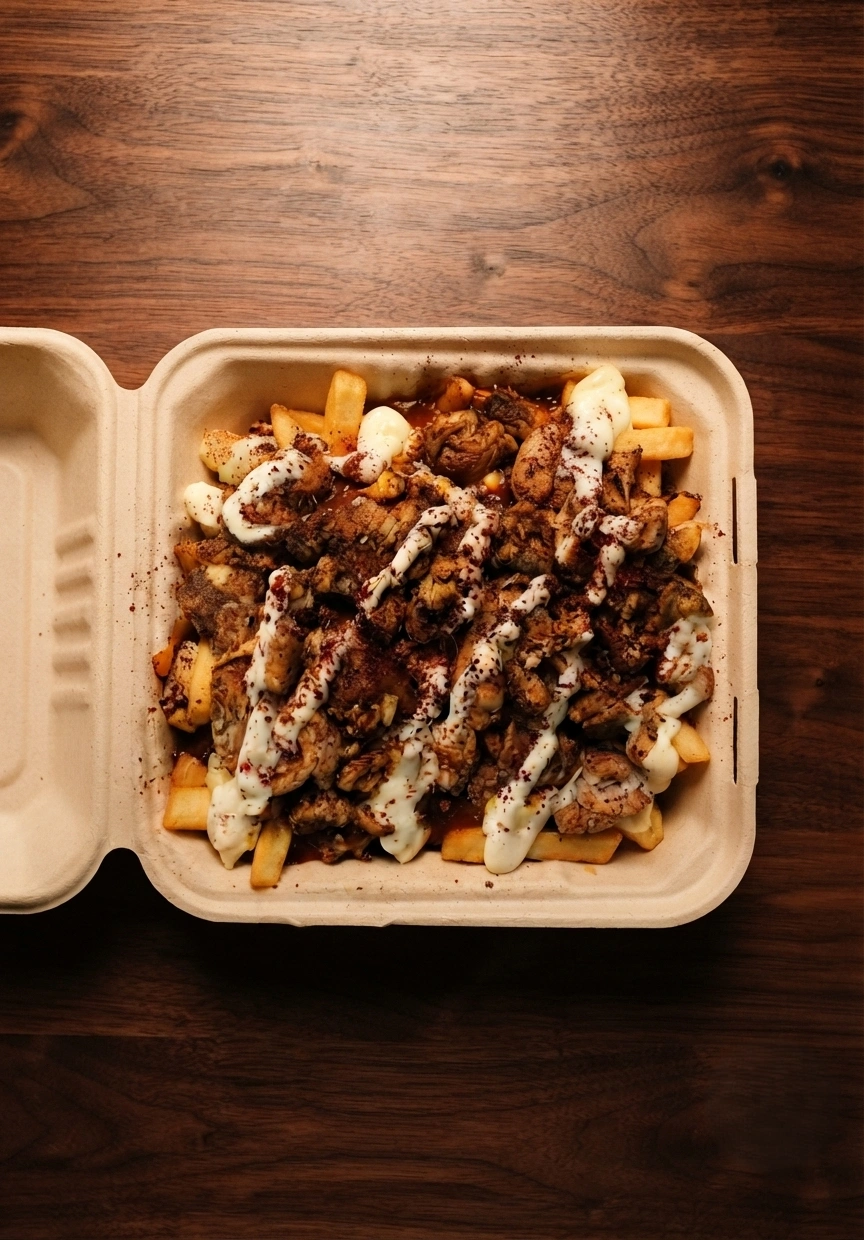 Cast iron skillet of bubbling melted cheese with shrimp, seasoned rice, dips and lime at DJ Donair & Poutine in south Edmonton